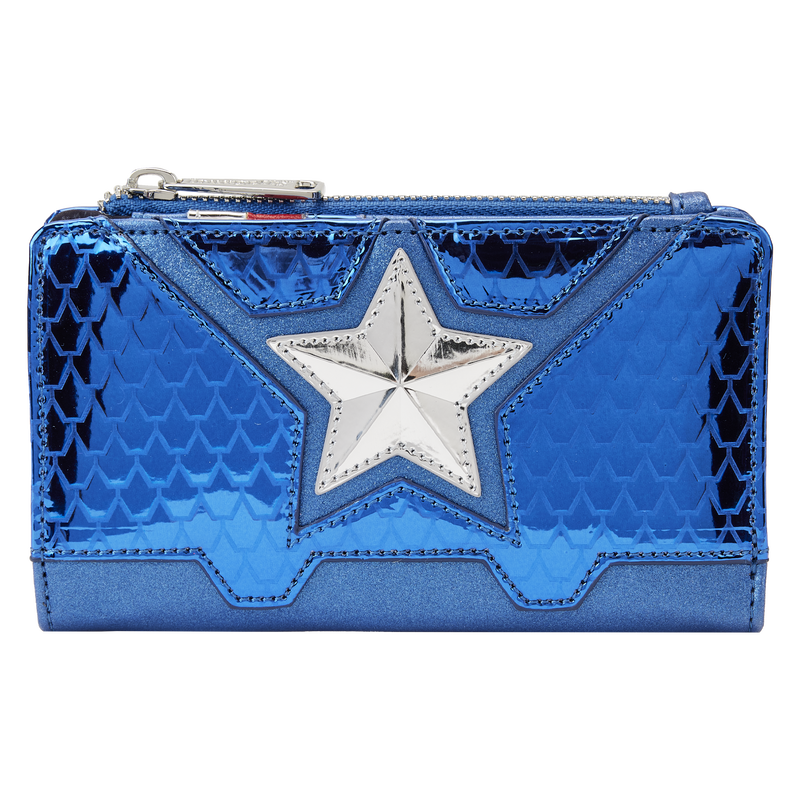 Blue metallic wallet in the style of Captain America's uniform with a silver star in the center